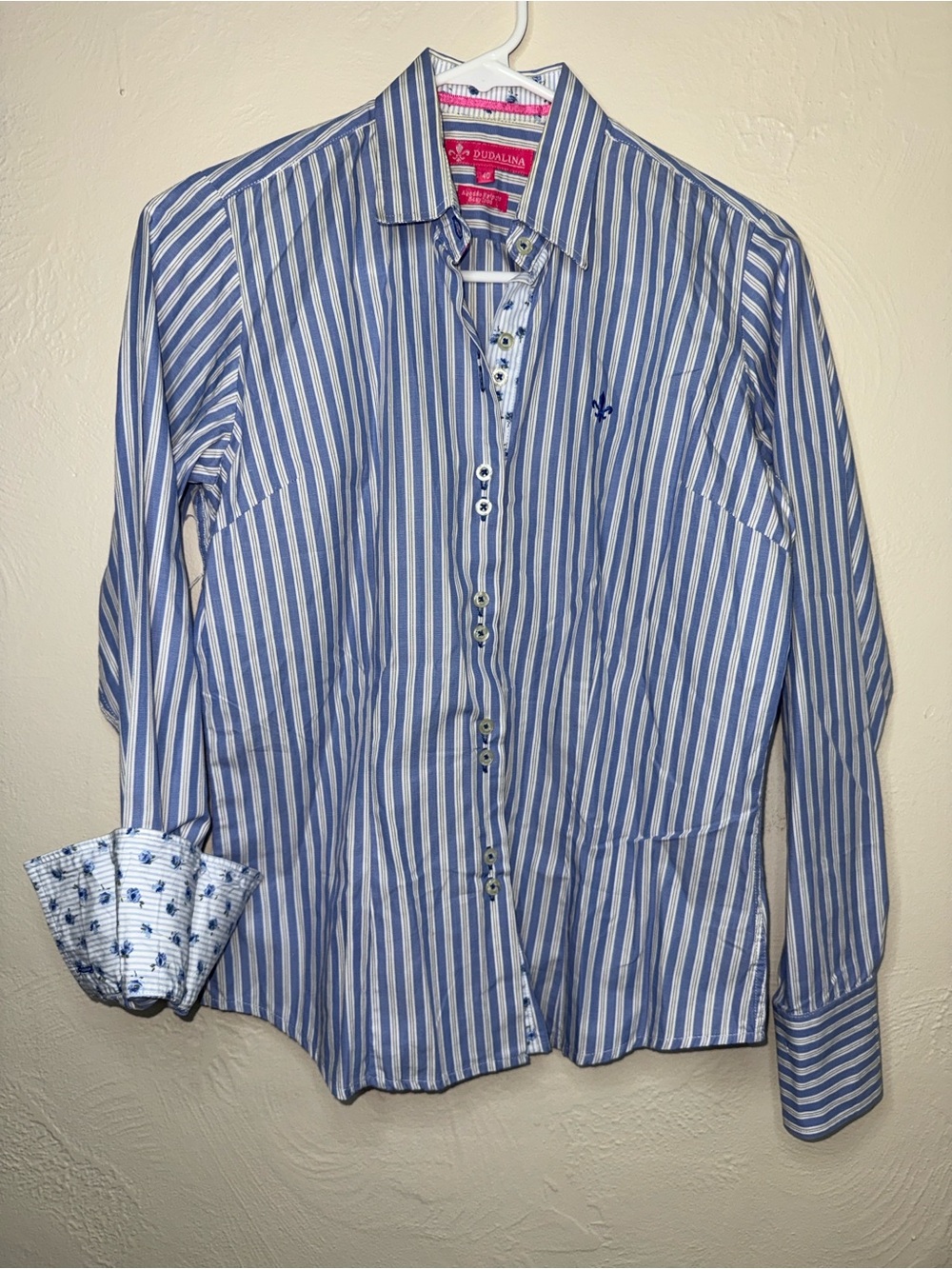 Dudalina Blue White Striped Button Down Shirt Floral Cuff Detail Size 40